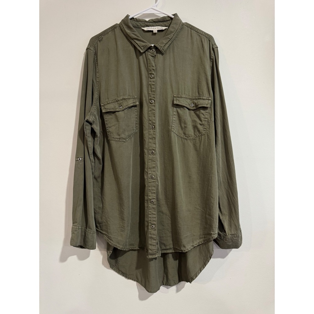 Love 8 for Versona Button‎ Down Shirt Womens XXL Olive Green High Low Hem